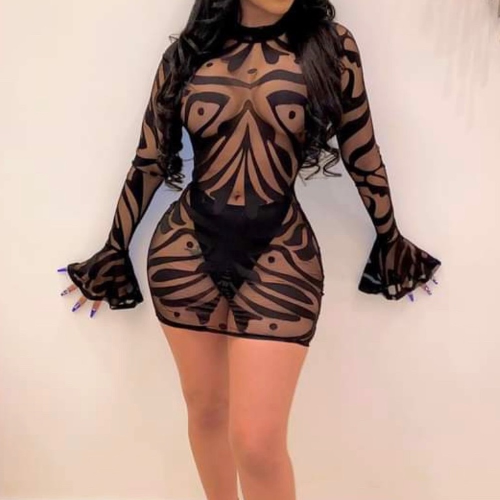 Mini black see through dress with bottoms attached to dress